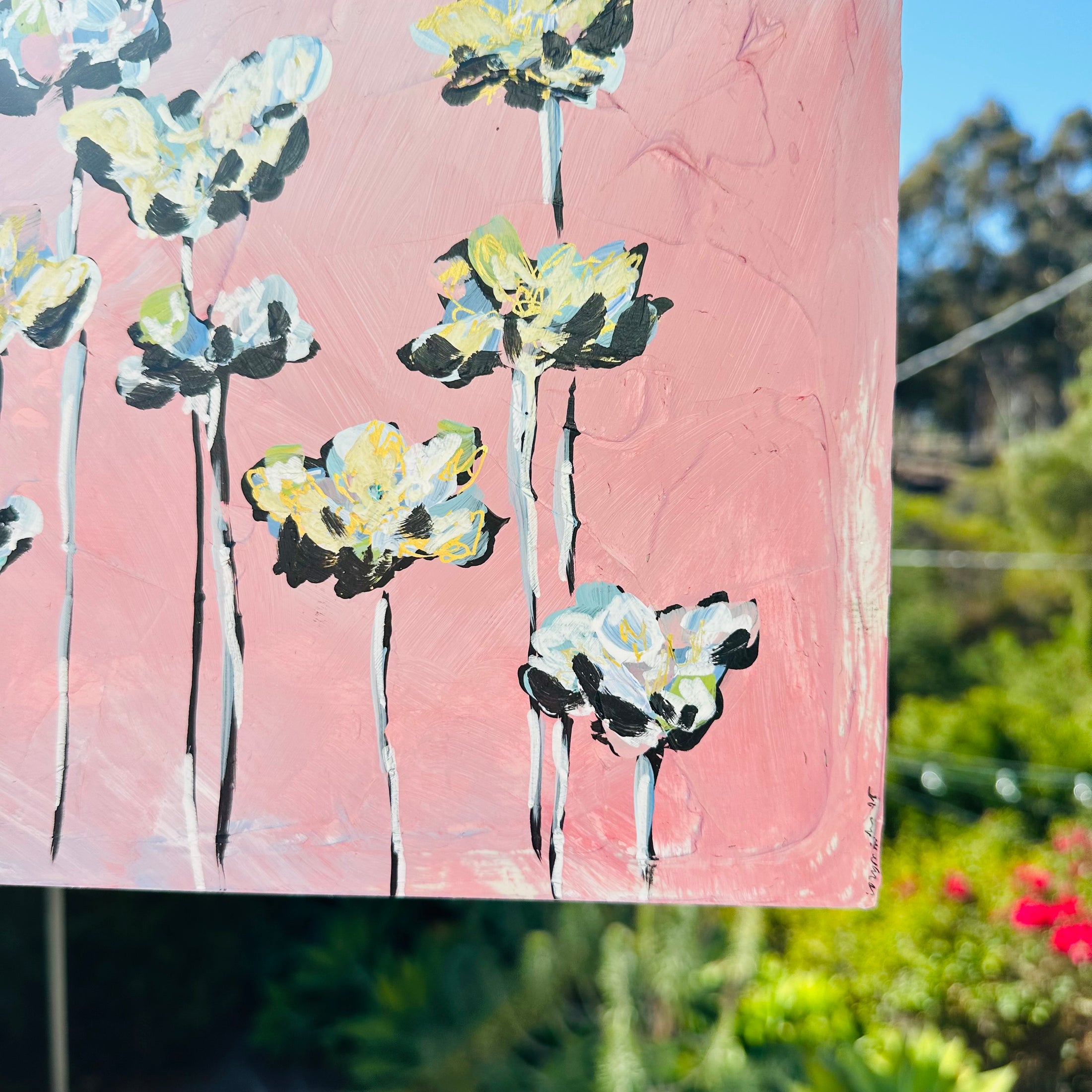 Pink skies (in bloom) 12x12 on wood