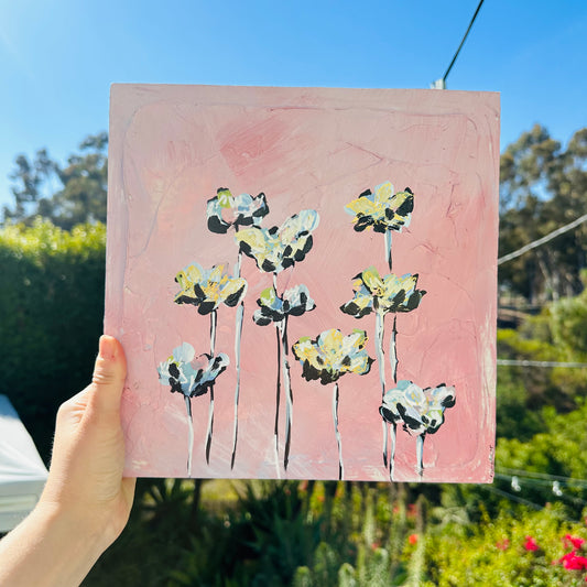 Pink skies (in bloom) 12x12 on wood