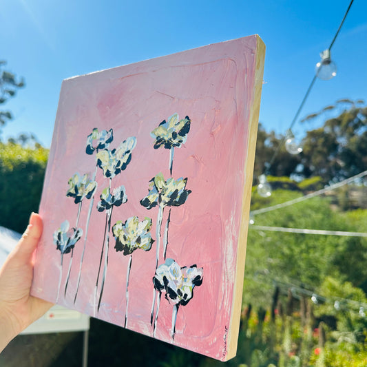 Pink skies (in bloom) 12x12 on wood