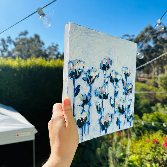 Soft blues (in bloom) 12x12 on wood 2