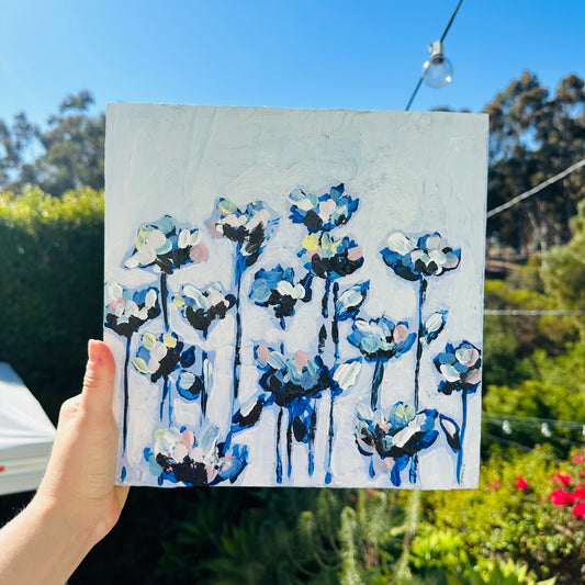 Soft blues (in bloom) 12x12 on wood