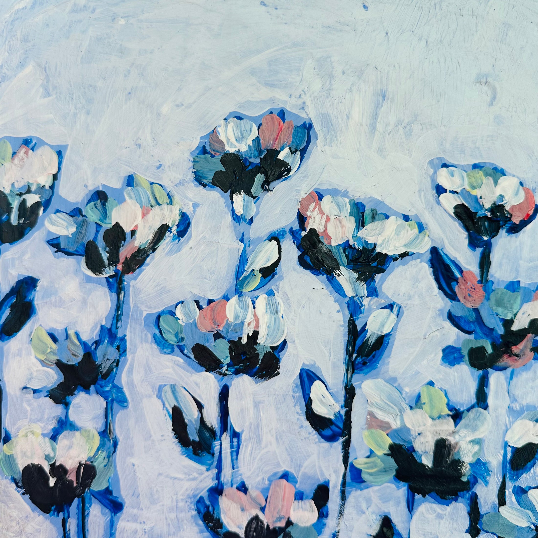Soft blues (in bloom) 12x12 on wood 2