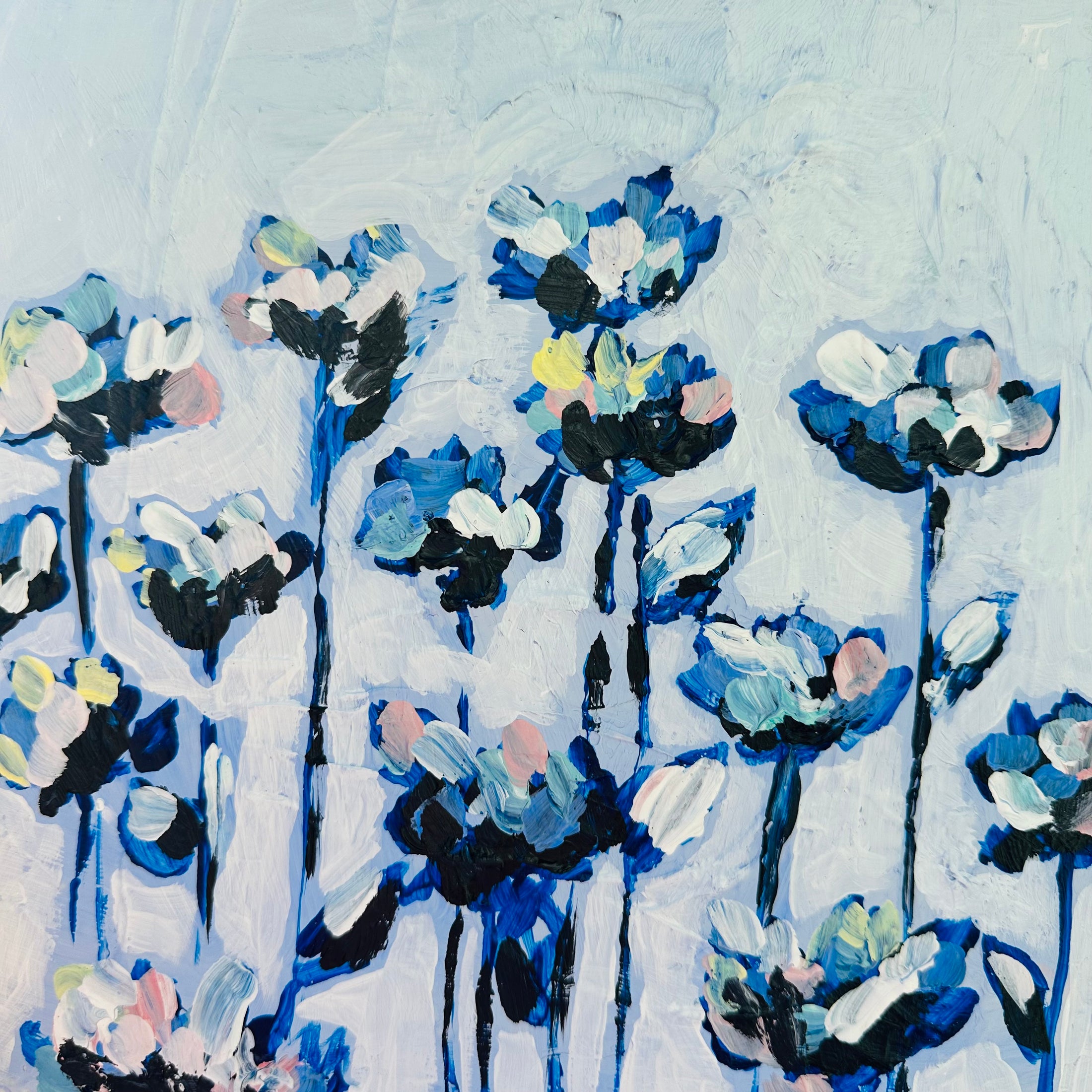 Soft blues (in bloom) 12x12 on wood