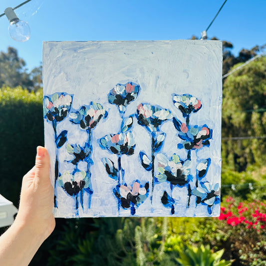 Soft blues (in bloom) 12x12 on wood 2